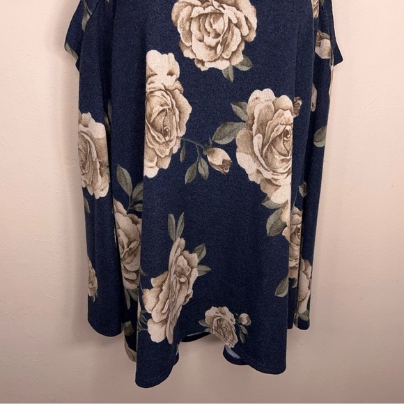 Large 143 Story Navy Blue Floral Knit Cold Shoulder Top Stretch High Neckline - Picture 8 of 12